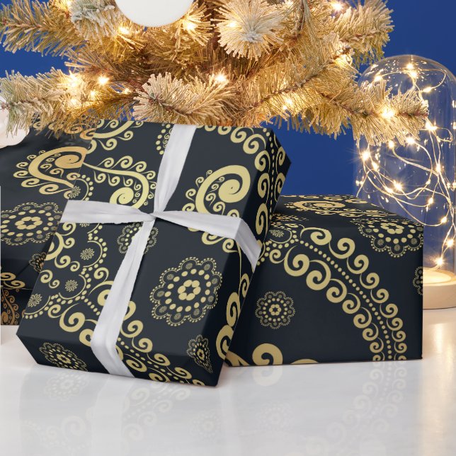 Papier Cadeau Golden Large Luxury Paisley sur Arrière - plan noi (Vacances)