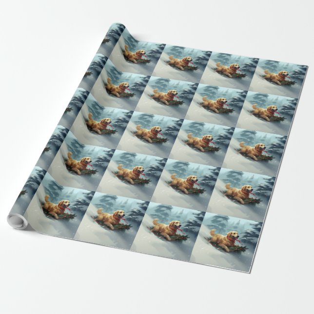Papier Cadeau Golden Retriers Noël neige hiver (Déroulé)