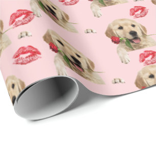 Papier Cadeau golden retriever avec rose et baisers