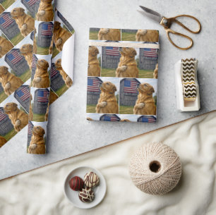Papier Cadeau Golden Retriever avec un drapeau américain