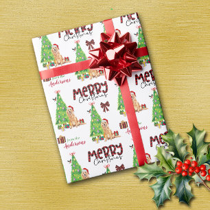 Papier Cadeau Golden Retriever, Bird et sapin de Noël