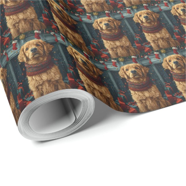 Papier Cadeau Golden Retriever Chien avec cheminée cadeau de Noë (Coin rond)