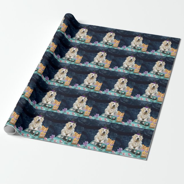 Papier Cadeau Golden Retriever Chien Halloween Camion Effrayant  (Déroulé)