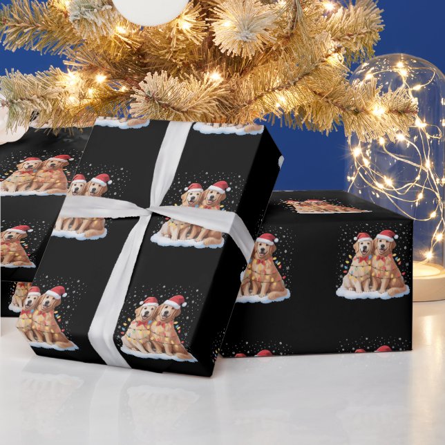 Papier Cadeau Golden Retriever Christmas Santa Hat Reindeer  (Vacances)