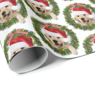 Papier Cadeau Golden Retriever dans la couronne de Noël et les l