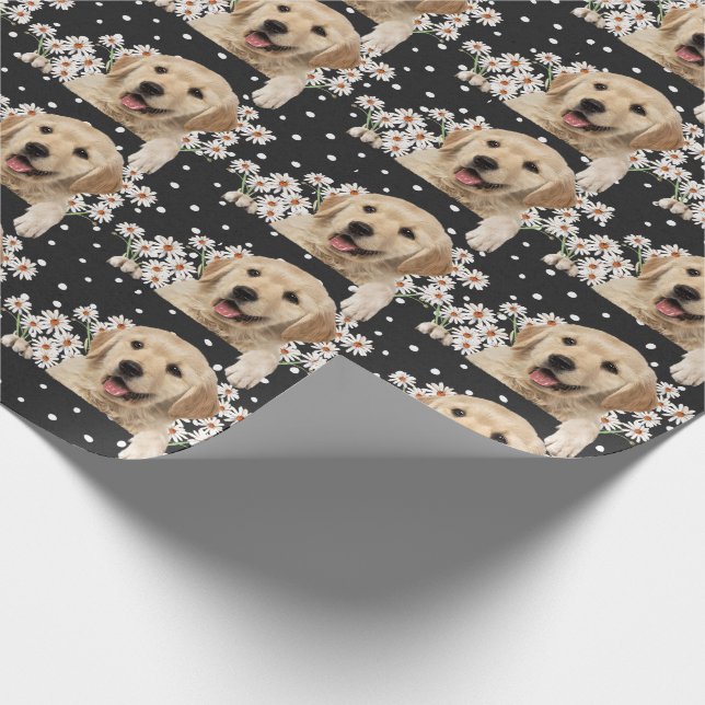 Papier Cadeau Golden Retriever dans les marguerites sur pois (Coin)