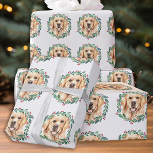 Papier Cadeau Golden Retriever Elegant Chien Noël