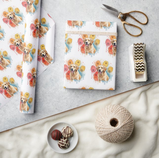 Papier Cadeau Golden Retriever en Empreinte de patte aquarelle (Artisanat)