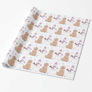 Papier Cadeau Golden retriever et bonhomme de neige