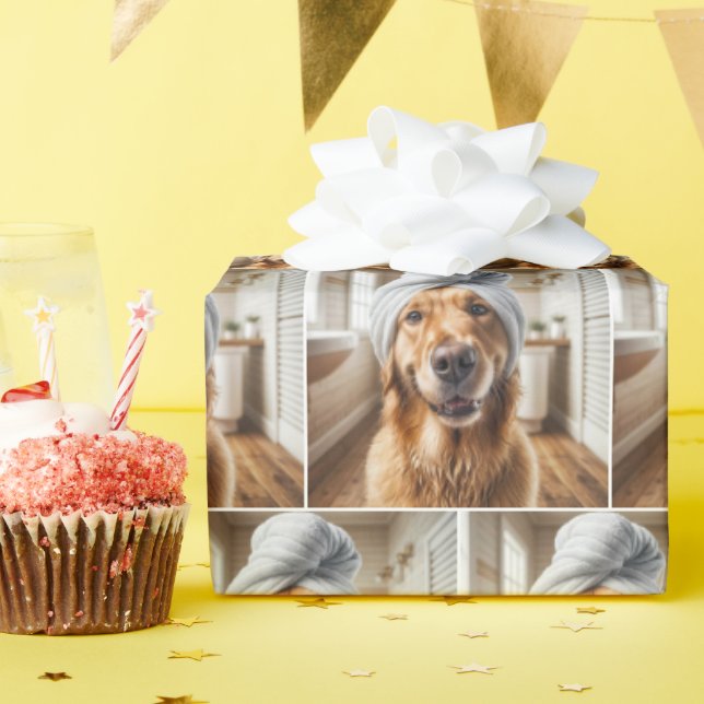 Papier Cadeau Golden Retriever portant une serviette Turban (Fête d'anniversaire)