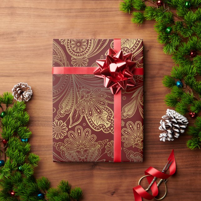 Papier Cadeau Golden Tones Ornate Paisley Pattern On Red (Cadeau de vacances)