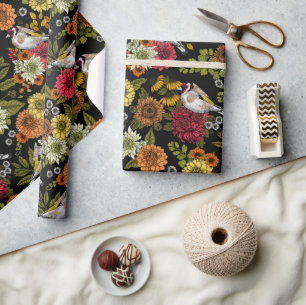 Papier Cadeau Goldfinches dans le jardin sur noir