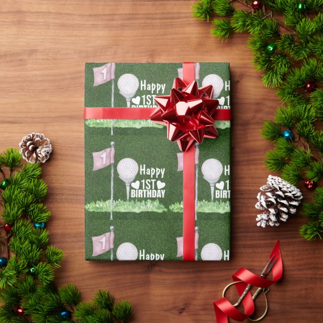 Papier Cadeau Golf 1er Anniversaire avec balle et drapeau en ver (Cadeau de vacances)