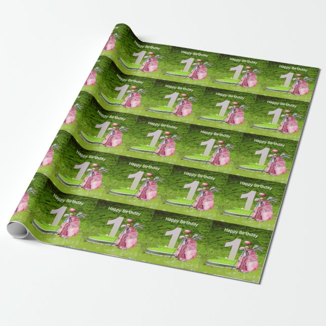 Papier Cadeau Golf 1er anniversaire un an Pink Bag pour fille (Déroulé)