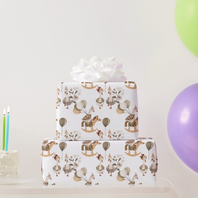Papier Cadeau Goosey Gander Rocking Horse, Ballons, Blanc (Cadeaux de fête)