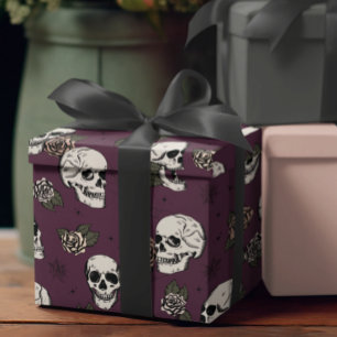 Papier Cadeau Goth Crâne pourpre et fleurs Halloween