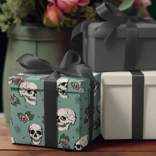 Papier Cadeau Goth Crâne vert et fleurs Halloween