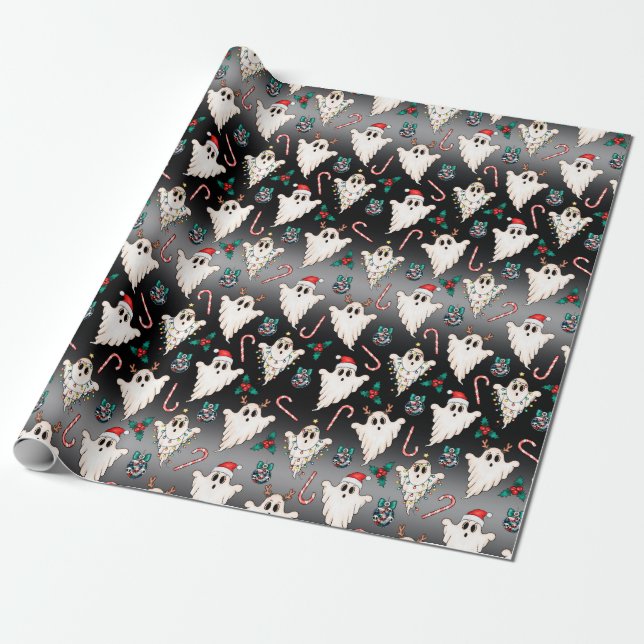 Papier Cadeau Goth Fantôme Papier d'enveloppement de Noël foncé (Déroulé)