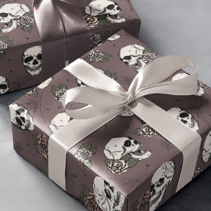 Papier Cadeau Goth Maroon Crâne pourpre et fleurs Halloween