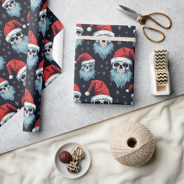 Papier Cadeau Goth Santa Hat Beard Crâne Motif de Noël (Artisanat)