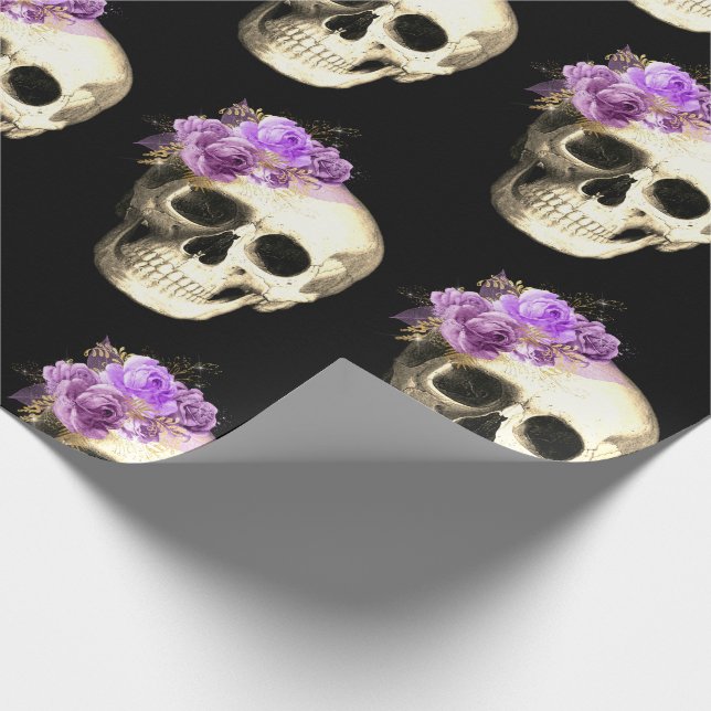 Papier Cadeau Gothique Crâne violet Rose Motif Halloween (Coin)