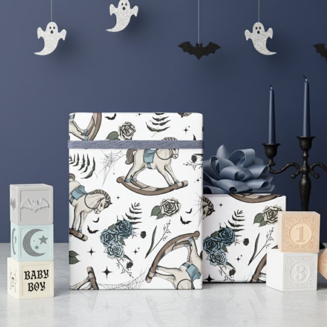 Papier Cadeau Gothique Floral Blue Rocking Horse (Gothic Halloween Boy Baby Shower Wrapping Paper. Blue Spooky Vintage Rocking Horse & Roses Pattern)