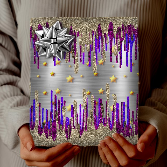 Papier Cadeau gouttes d'or à Parties scintillant violet blanc (Créateur téléchargé)