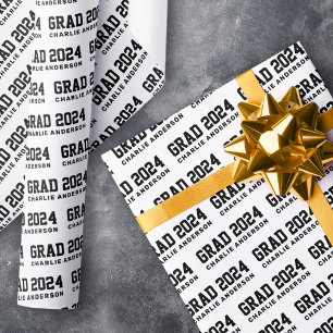 Papier Cadeau Grad année 2024 nom du diplômé noir blanc