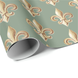 Papier Cadeau Gradient d'or ciselé Heraldique Fleur de lis Sage 