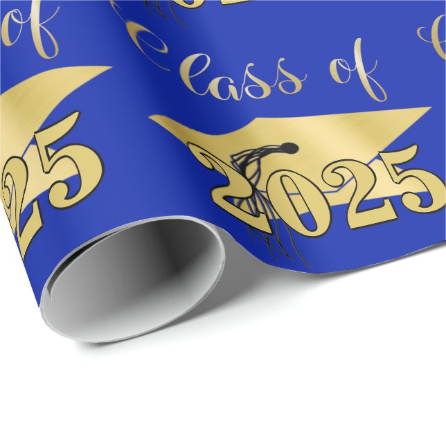 Papier Cadeau Graduation Royal Blue Metallic Gold Classe Année (Coin rond)
