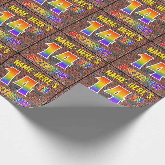 Papier Cadeau Graffiti arc-en-ciel Look 14E ANNIVERSAIRE! & Nom  (Coin)