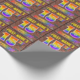 Papier Cadeau Graffiti arc-en-ciel Look 15E ANNIVERSAIRE! & Nom 