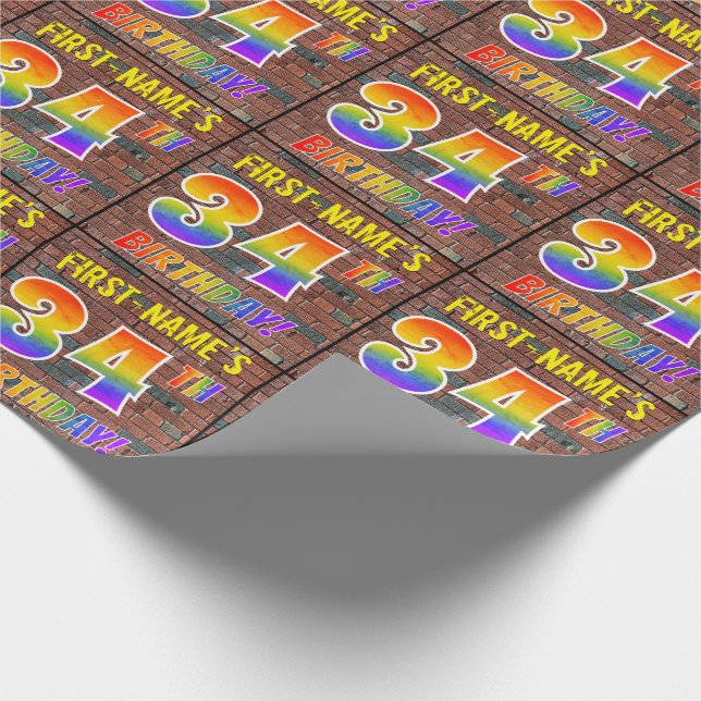 Papier Cadeau Graffiti arc-en-ciel Look 34E ANNIVERSAIRE! & Nom  (Coin)