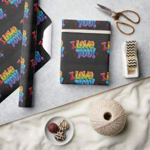 Papier Cadeau Graffiti de brique noire “Je t'aime ! “