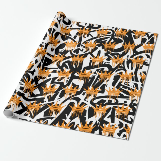 Papier Cadeau Graffiti tendance Motif Couronne Orange noir (Déroulé)