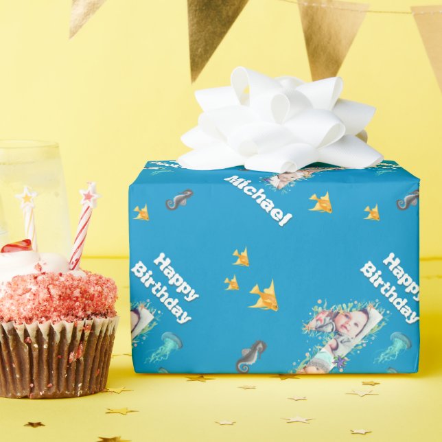 Papier Cadeau Grand 1er anniversaire sous la mer Photo Collage (Fête d'anniversaire)