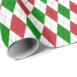 Papier Cadeau Grand Argyle Rouge Foncé, Vert et Blanc
