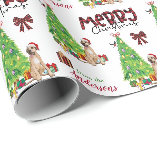 Papier Cadeau Grand chien Danois, oiseau et arbre de Noël (Coin rond)
