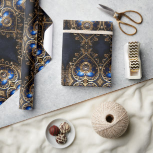 Papier Cadeau grand coeur bleu et or steampunk motif