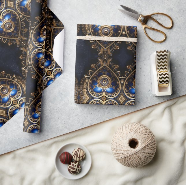 Papier Cadeau grand coeur bleu et or steampunk motif (Artisanat)
