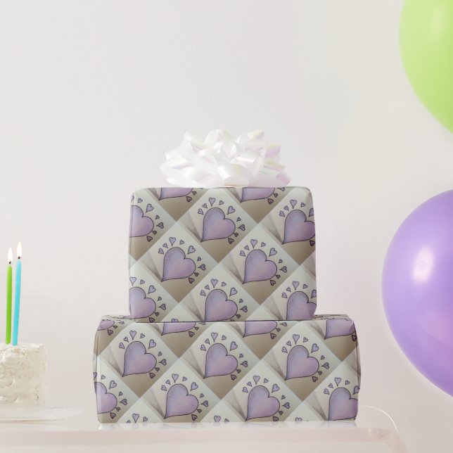 Papier Cadeau grand coeur violet et petits coeurs romantique (Cadeaux de fête)