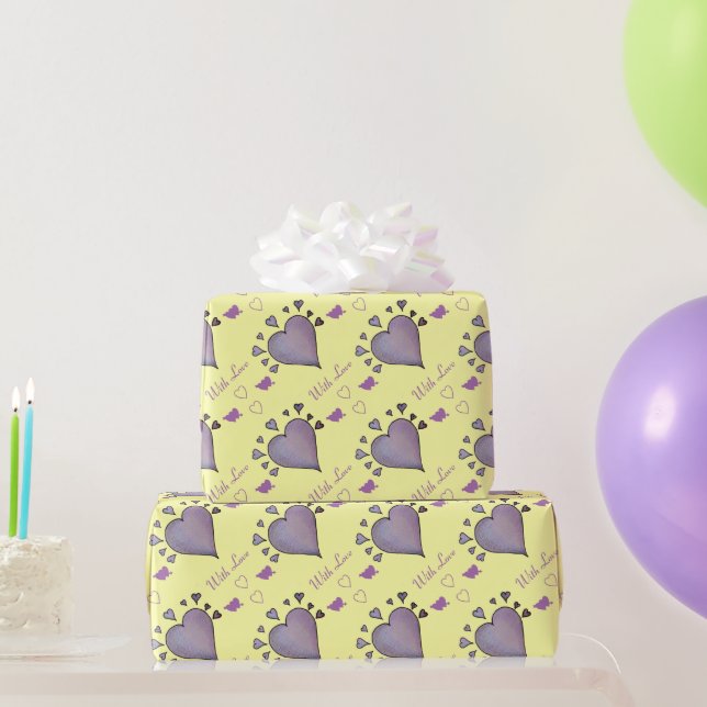 Papier Cadeau grand coeur violet et petits coeurs romantique (Cadeaux de fête)