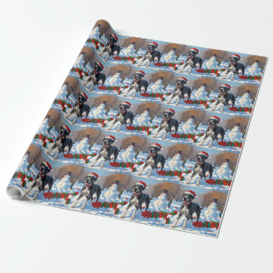 Papier Cadeau Grand Danois courant dans la neige avec un chapeau