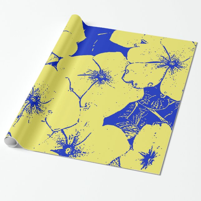 Papier Cadeau Grand floral bleu jaune souple (Déroulé)