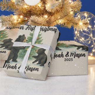 Papier Cadeau Grand Frère Petit Frère Ours Noël Personnalisé