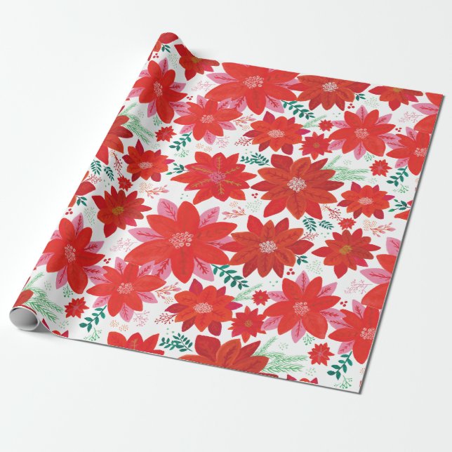 Papier Cadeau Grand Poinsettia Motif Noël (Déroulé)