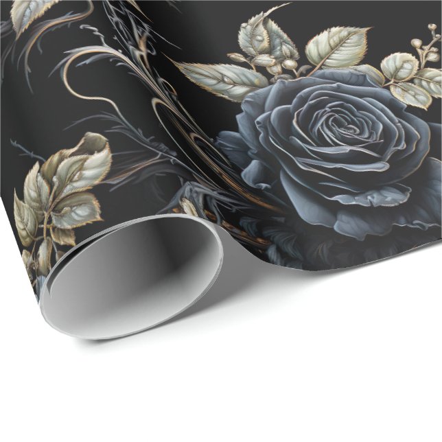 Papier Cadeau Grand Romantique bleu et noir Rose gothique (Coin rond)