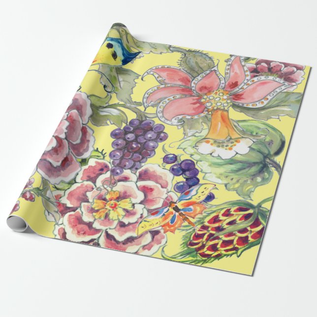 Papier Cadeau Grande impression Tropical Floral Jaune Aquarelle  (Déroulé)