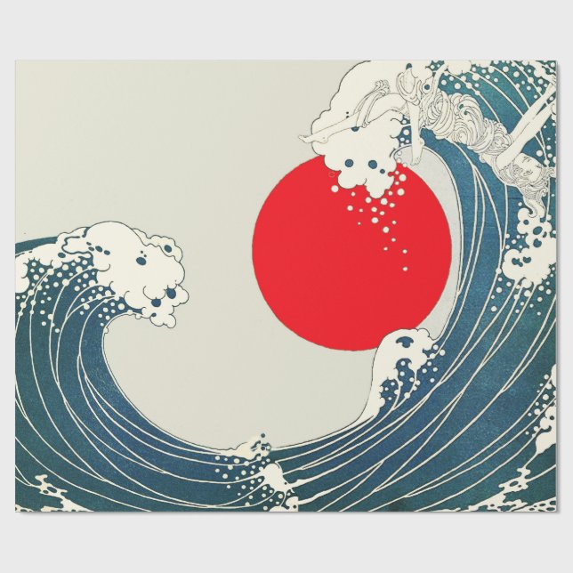 Papier Cadeau GRANDE VAGUE ET ROUGE SOLEIL Bleu Blanc Nautique (Plat)