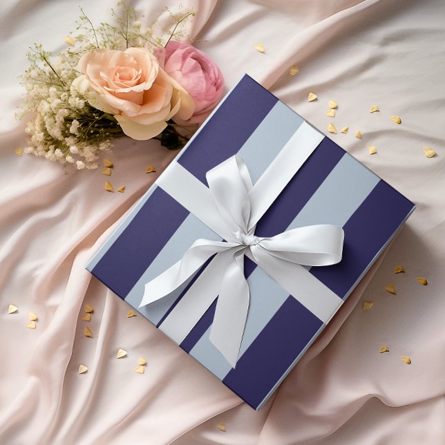 Papier Cadeau Grandes rayures verticales bleu marine et bleu pou (Large Navy and Dusty Blue Vertical Stripes Wrapping Paper)